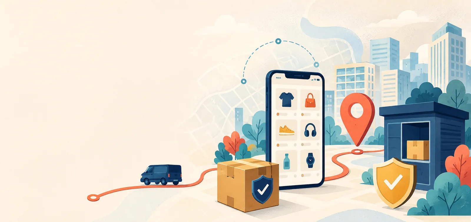 Посылки, смартфон и маршрут международной доставки